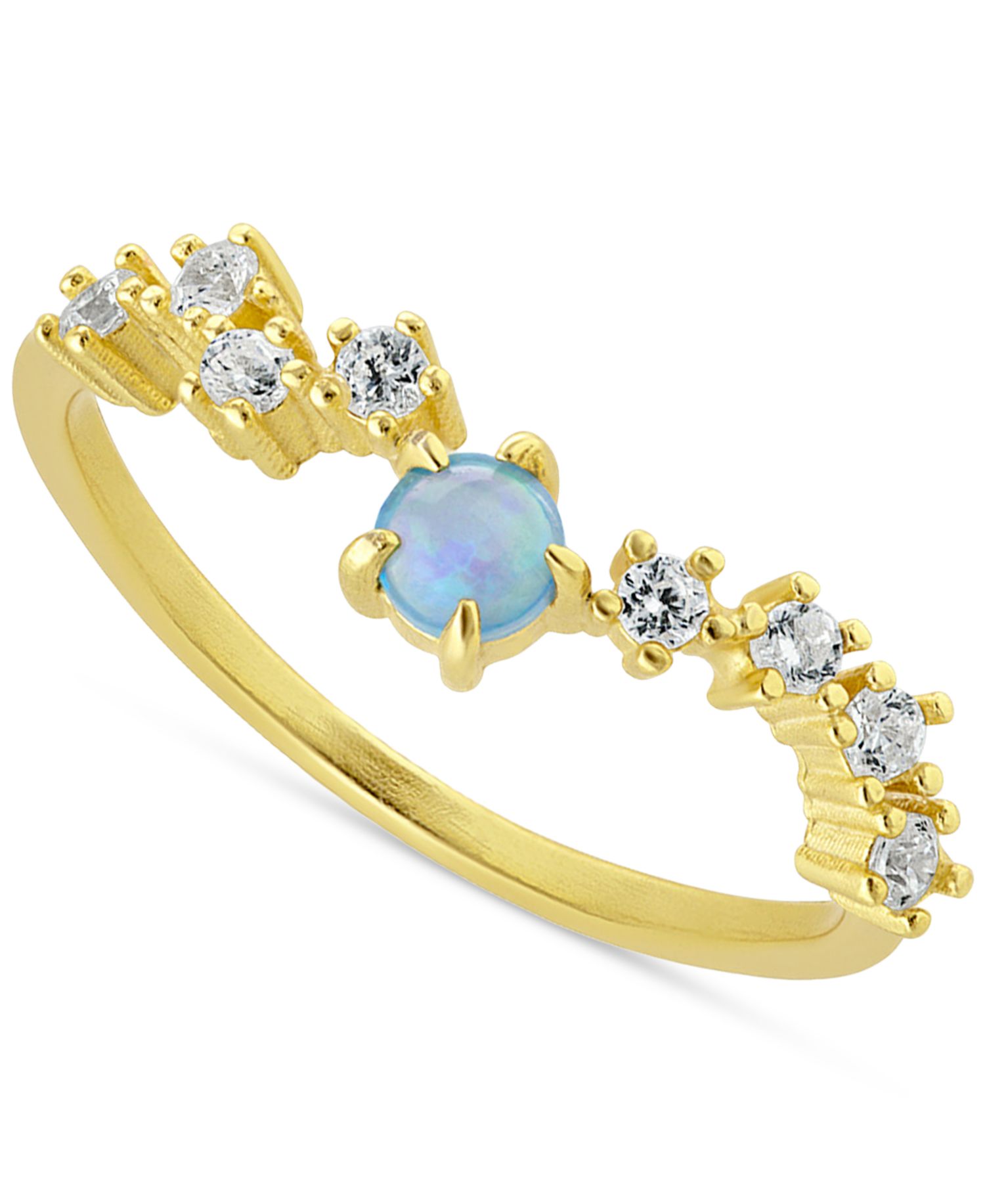 Simulated Opal (3mm) & Pav&eacute; Wavy Accent Ring in 18k Gold-Plated Sterling Silver