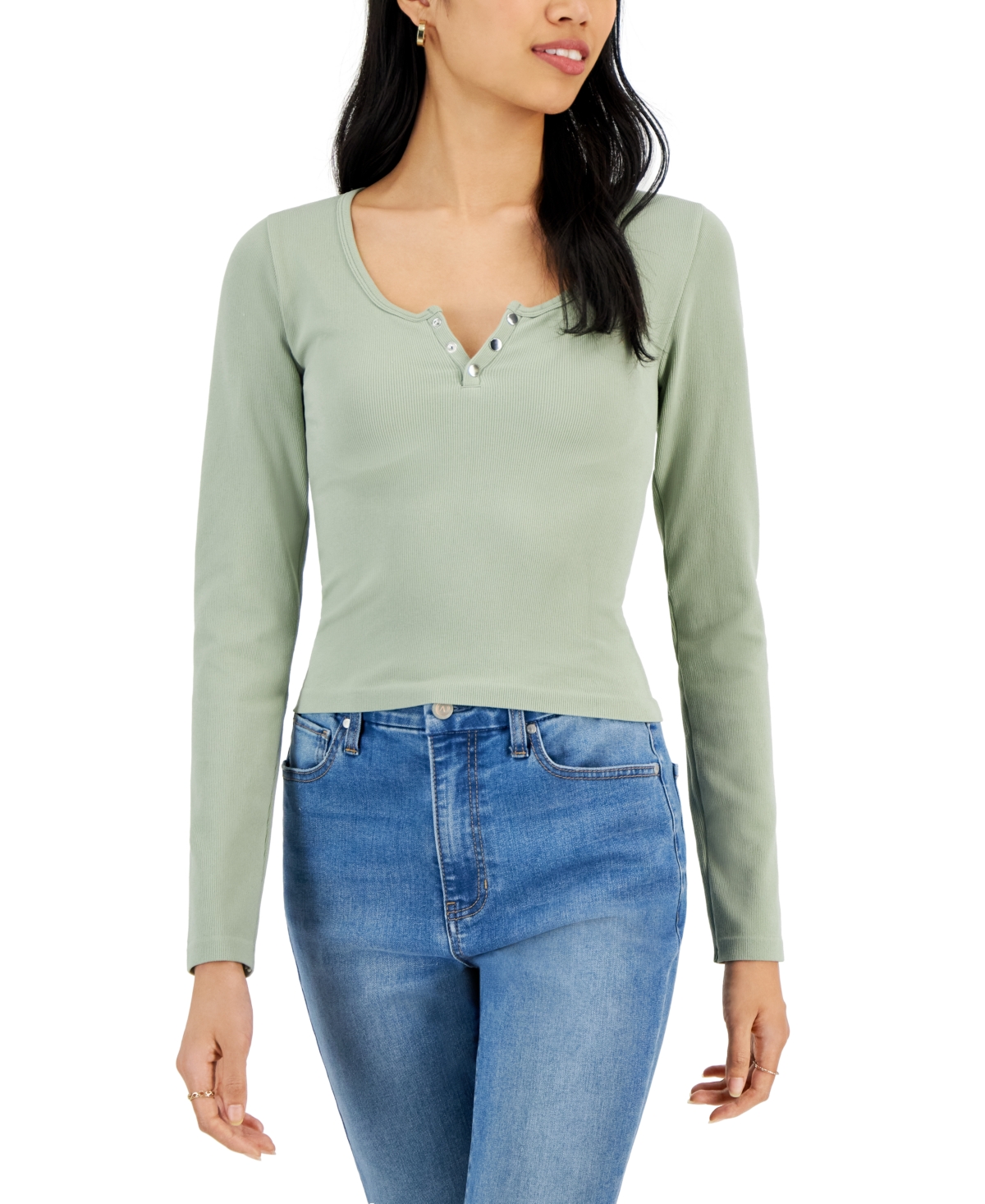 Planet Heart Juniors' Henley Ribbed Seamless Long-sleeve Top In Seagrass