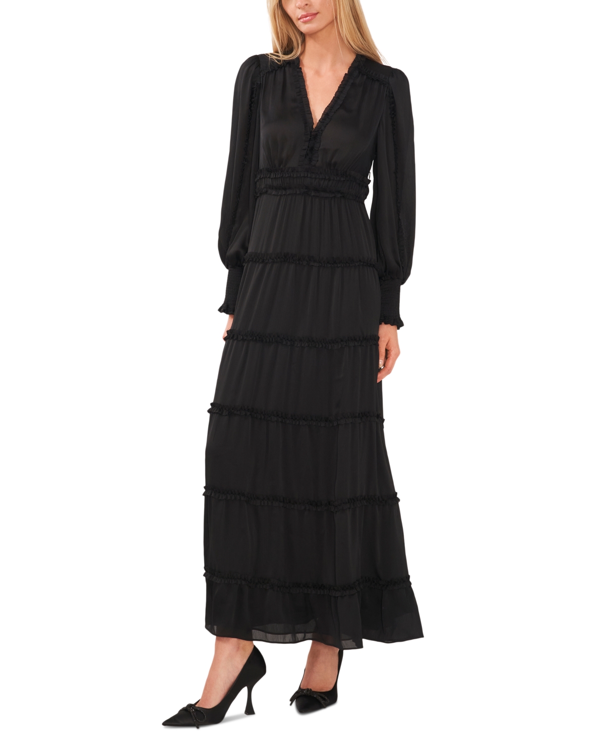 Shop Cece Women's Long Sleeve Plisse Ruffle Maxi Dress In Rich Black