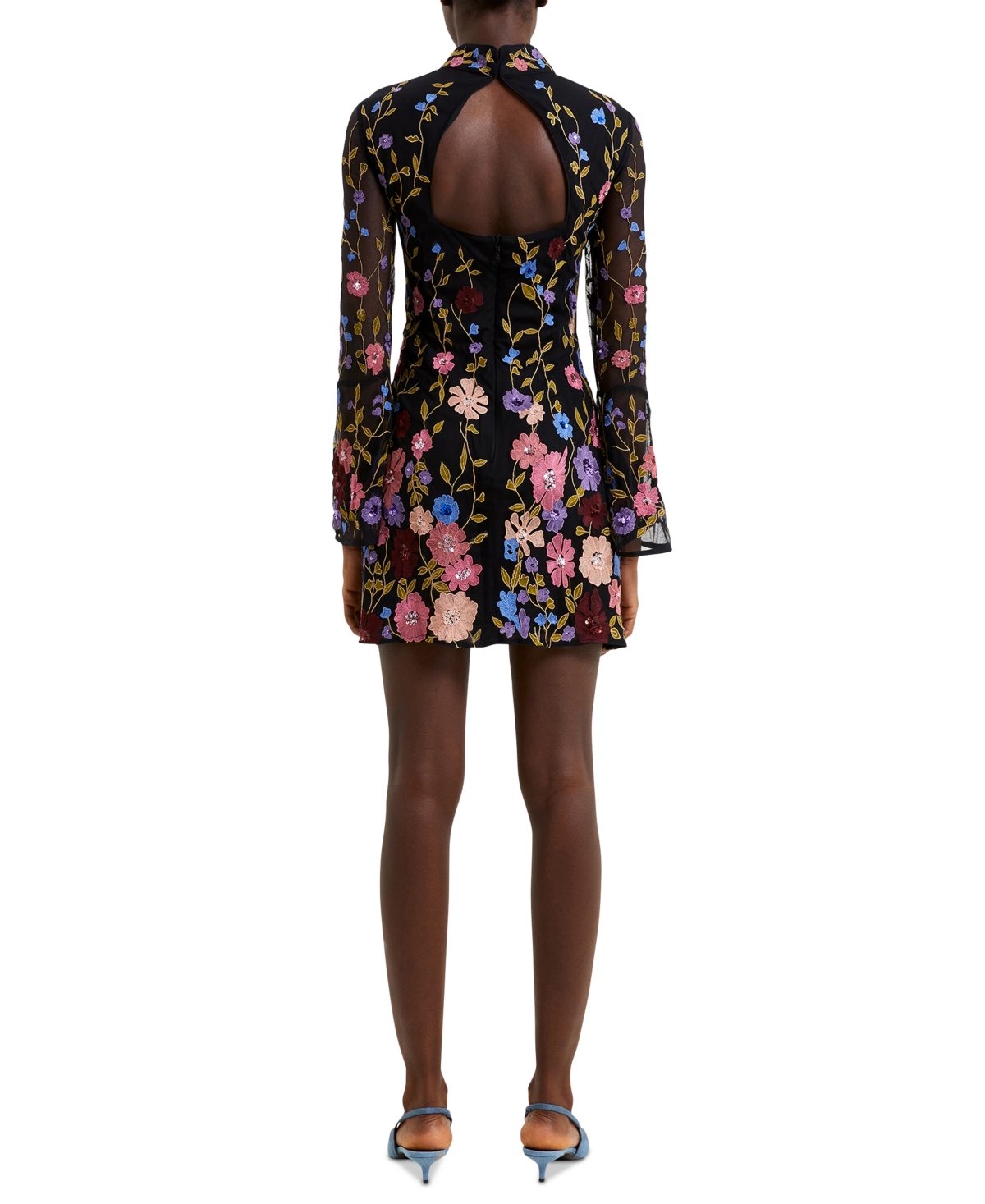 French Connection Women s Floral Embroidered Bell Sleeve Mesh Sheath Dress Black Multi Smart Closet
