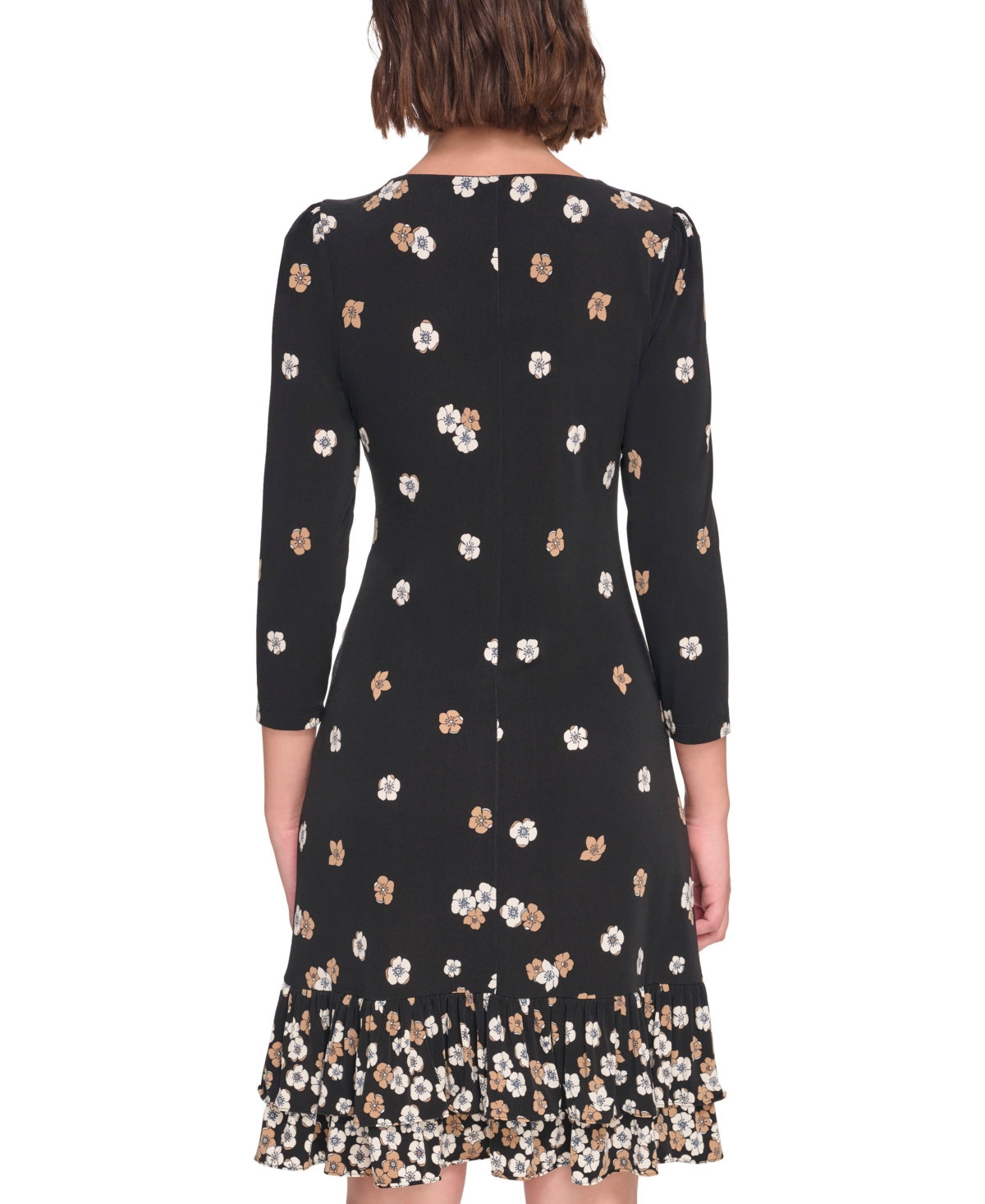 Tommy Hilfiger Women's 3/4-sleeve Flounce-hem Dress In Black,cream