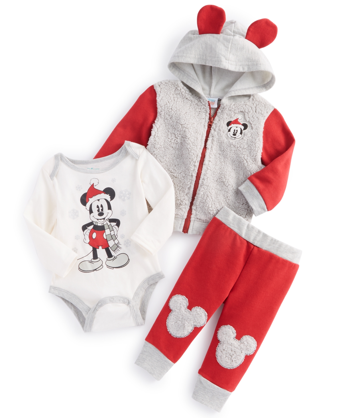 Disney Baby Boys Mickey Mouse Holiday Cozy Jacket, Bodysuit And Joggers Outfit, 3 Piece Set In Chili Pepper,gray,white