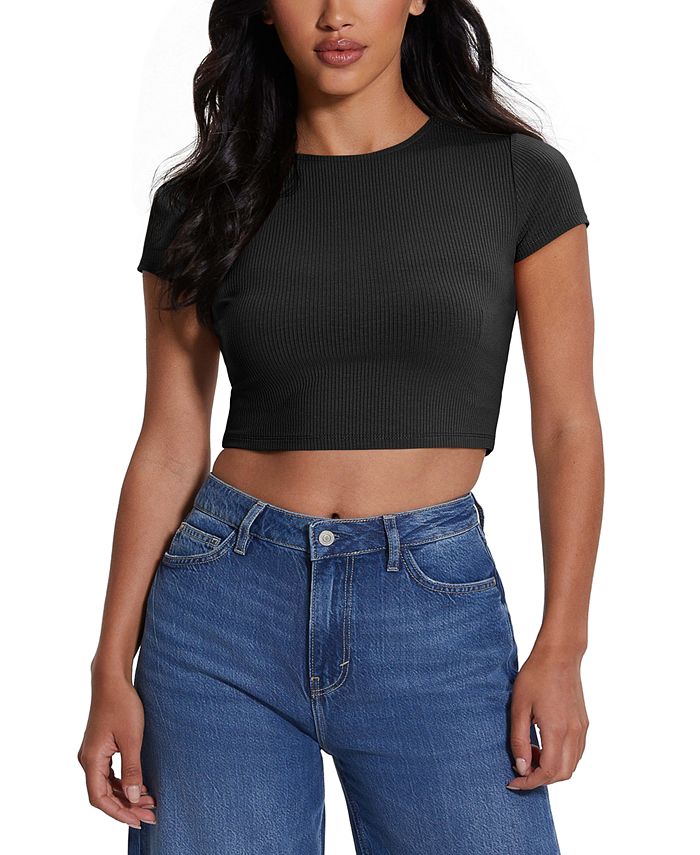 GUESS Women's Rene Ribbed Cropped Short-Sleeve Top - Macy's