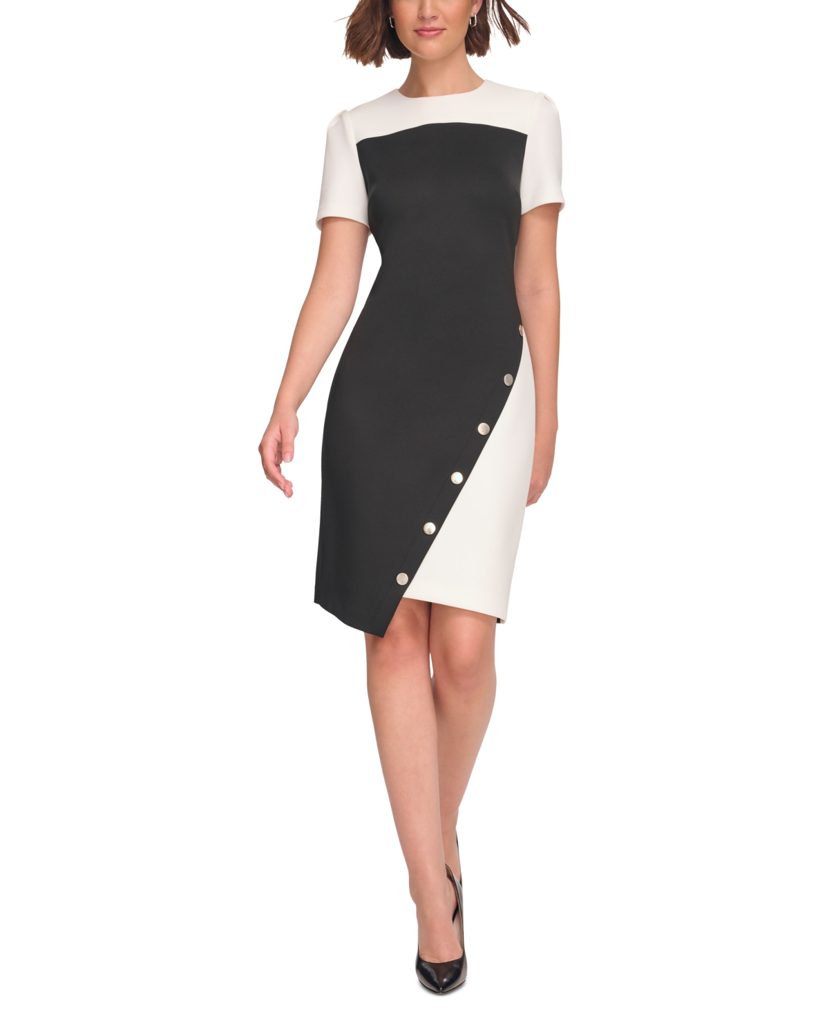 Tommy Hilfiger Womens Color Blocked Asymmetric Scuba Dress 0p 18 In Black.ivory