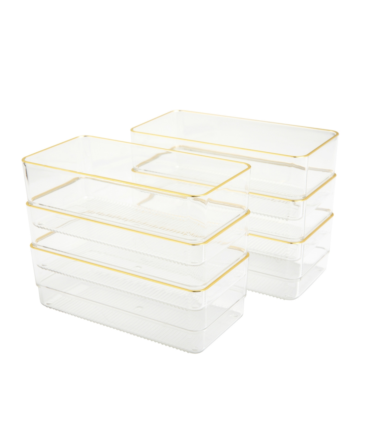 Kerry 6 Piece Plastic Stackable Office Desk Drawer Organizers, 6" x 3" - Clear, Gold Trim