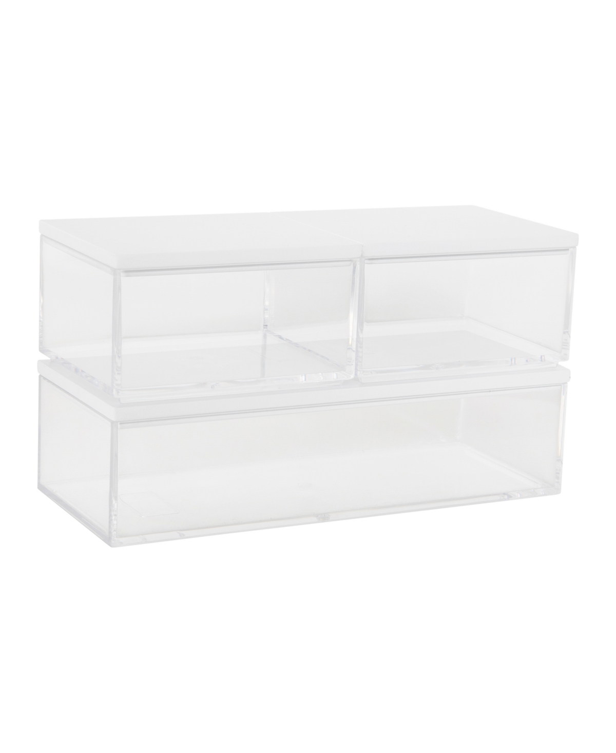 Brody Plastic Storage Organizer Bins with Engineered Wood Lids for Home Office, Kitchen, or Bathroom, 2 Small, 1 Medium - Clear, White