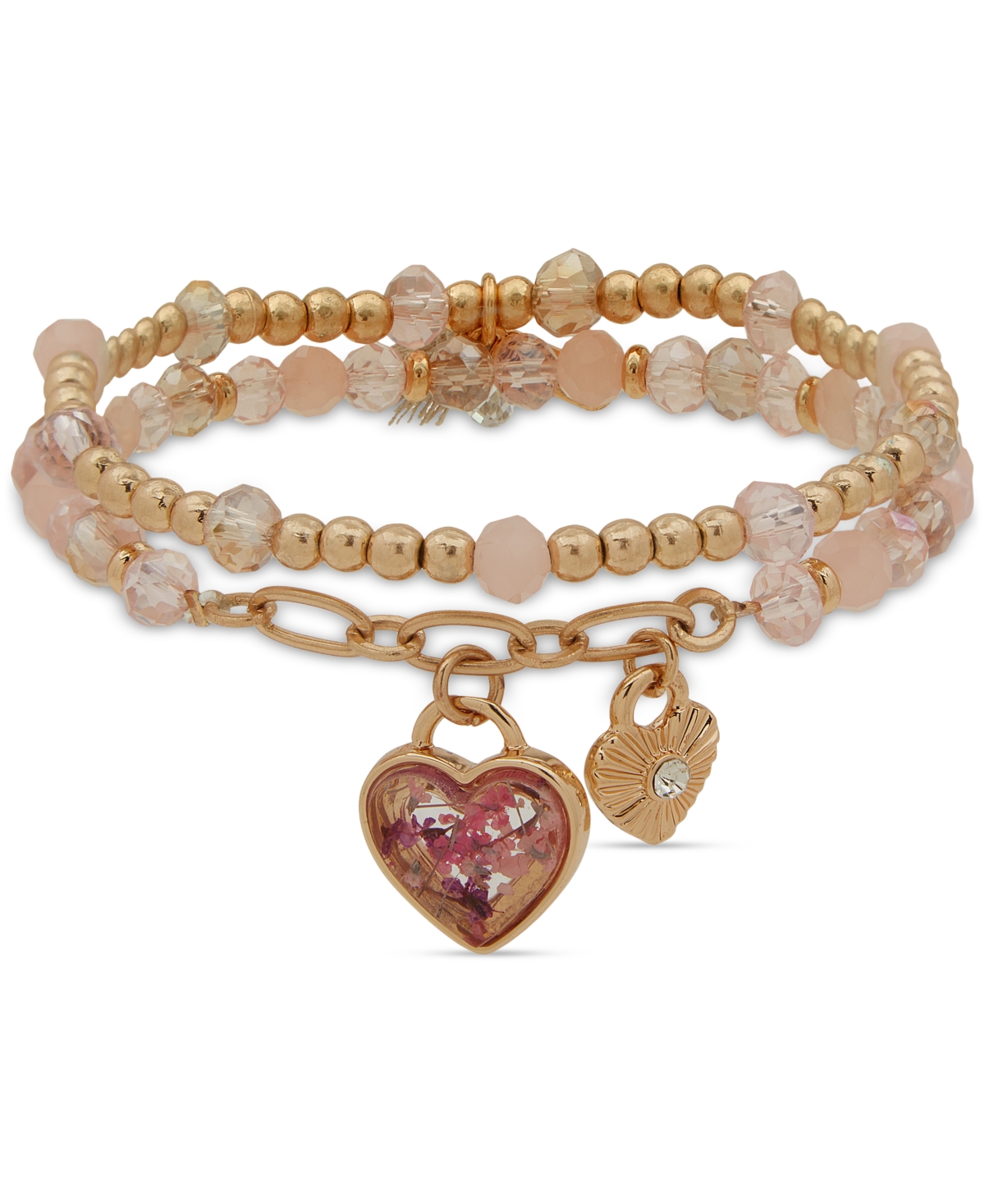 Gold-Tone Heart Charm Beaded Double Row Bracelet - Pink