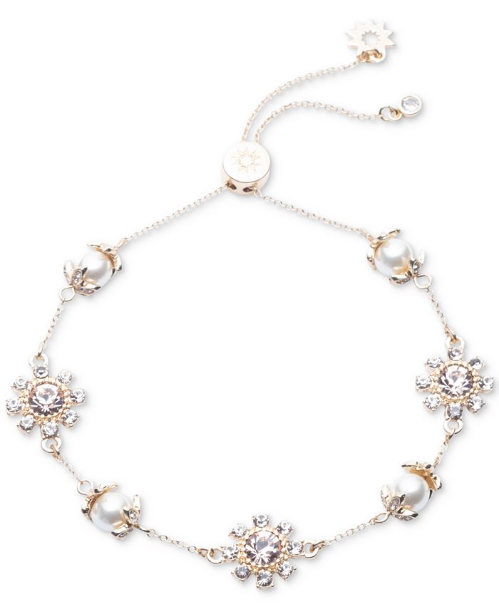 Marchesa Gold-Tone Crystal & Imitation Pearl Slider Bracelet - Macy's