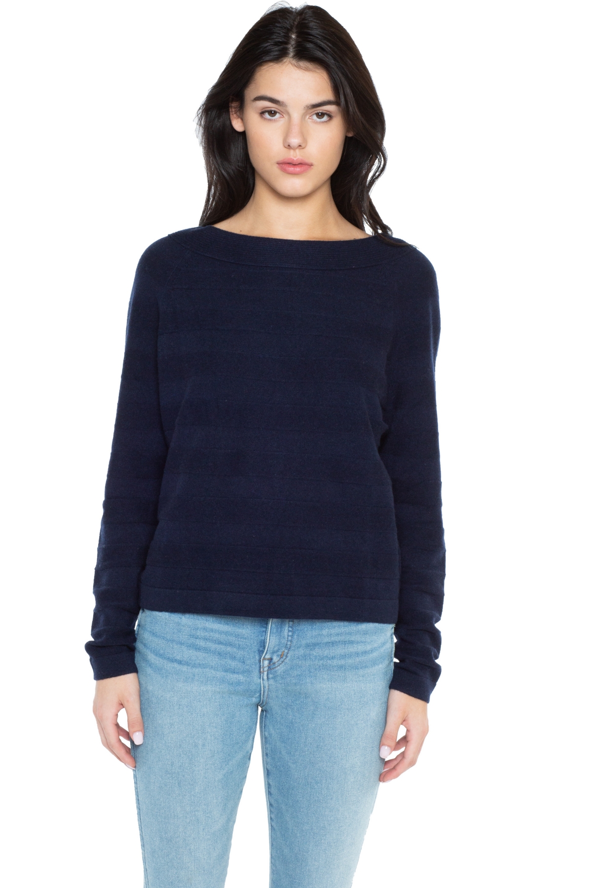 Women's 100% Pure Cashmere Horizontal Rib Boatneck Raglan Sweater - Navy