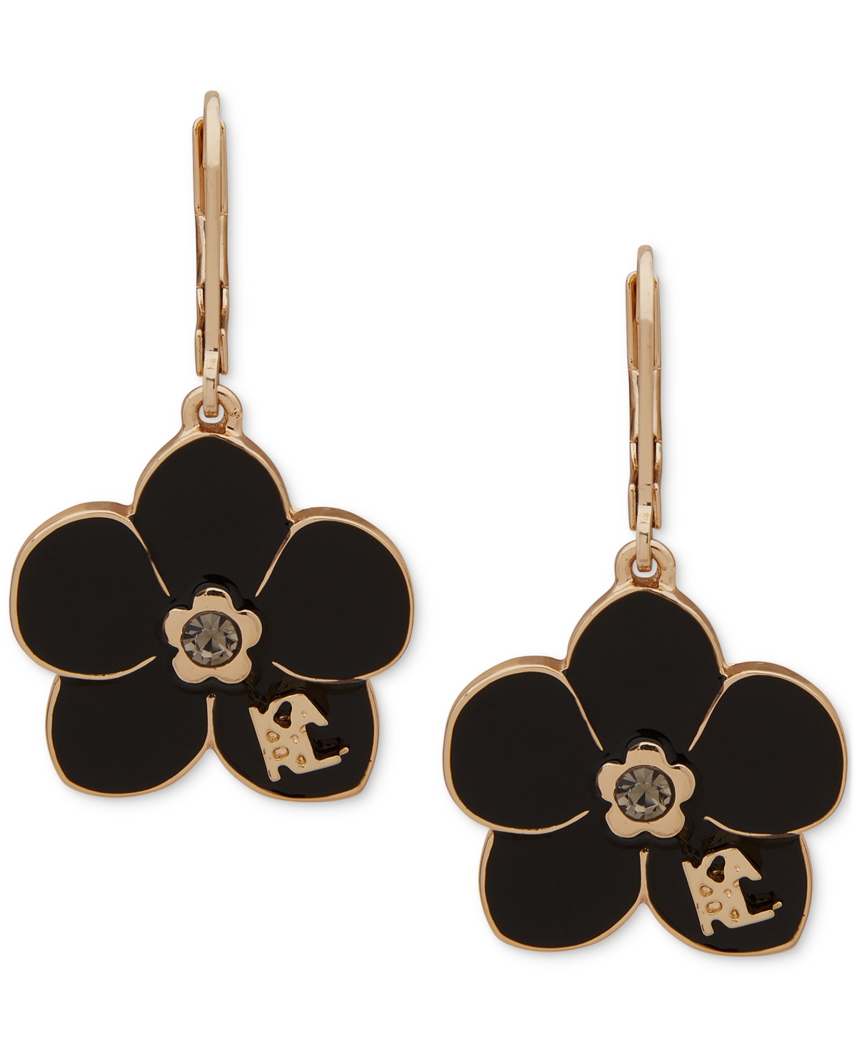 Gold-Tone Black Flower Drop Earrings - Black