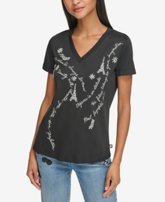 KARL LAGERFELD PARIS - Women's Embellished Quote V-Neck T-Shirt