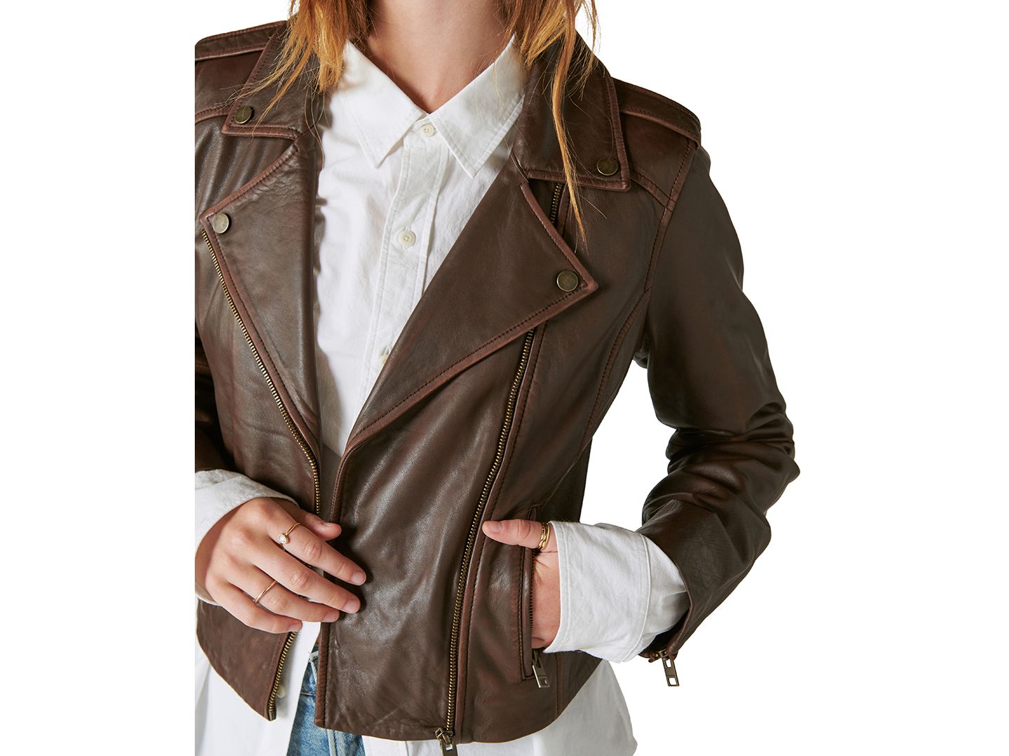 Женская куртка Lucky Brand Classic Leather Moto, цвет: Каштановый — фото 4