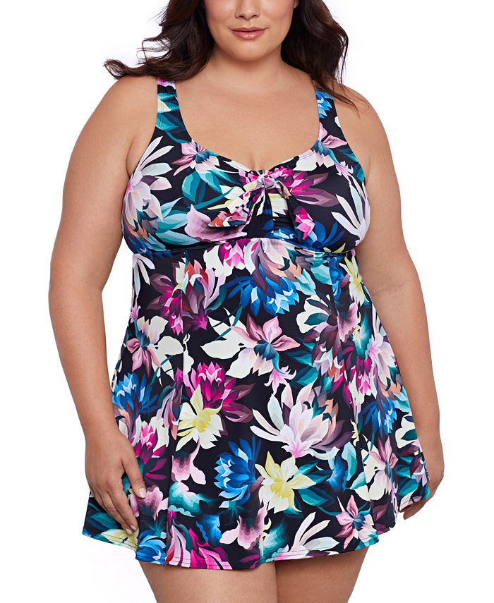 Swim Solutions Plus Size Floral-Print Swim Dress, Created for Macy's ...