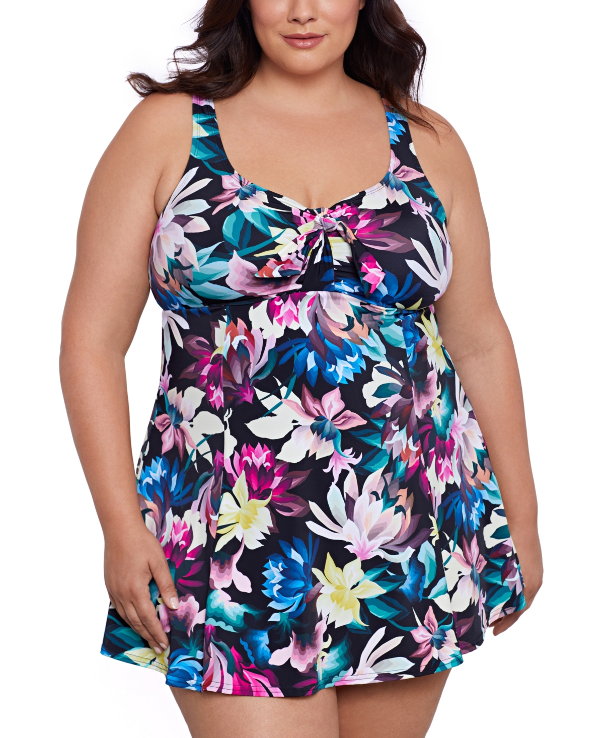 Plus Size Floral-Print Swim Dress, Created for Macy's - Dark Lotus