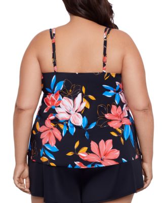 Shop Swim Solutions Plus Size Printed Pleat Front Tankini Swim Skirt Created For Macys In Floral Park