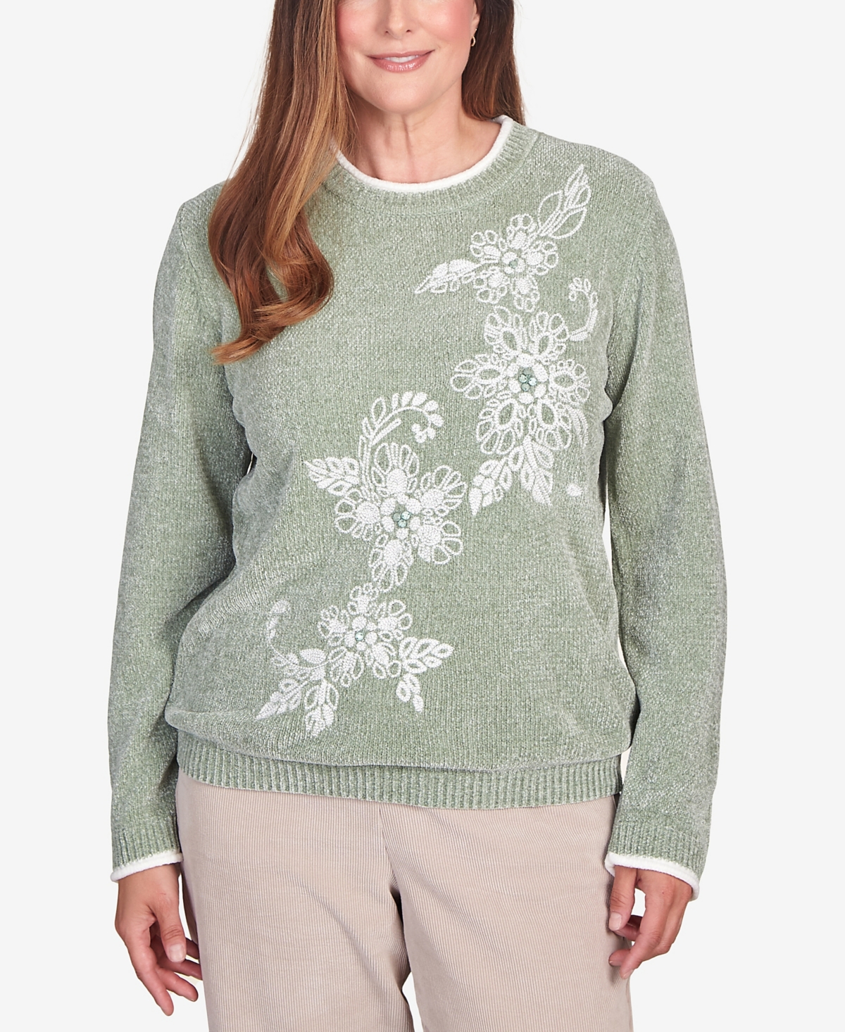 ALFRED DUNNER PETITE ST.MORITZ EMBROIDERED CHENILLE CREW NECK SWEATER