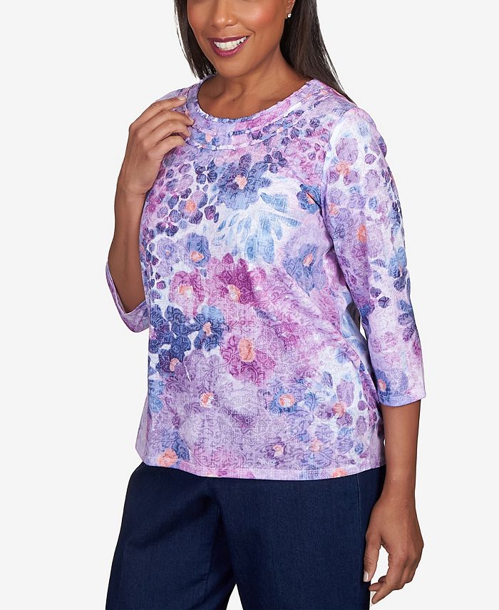 Alfred Dunner Petite Triple Knotted Neck Watercolor Floral Top - Macy's