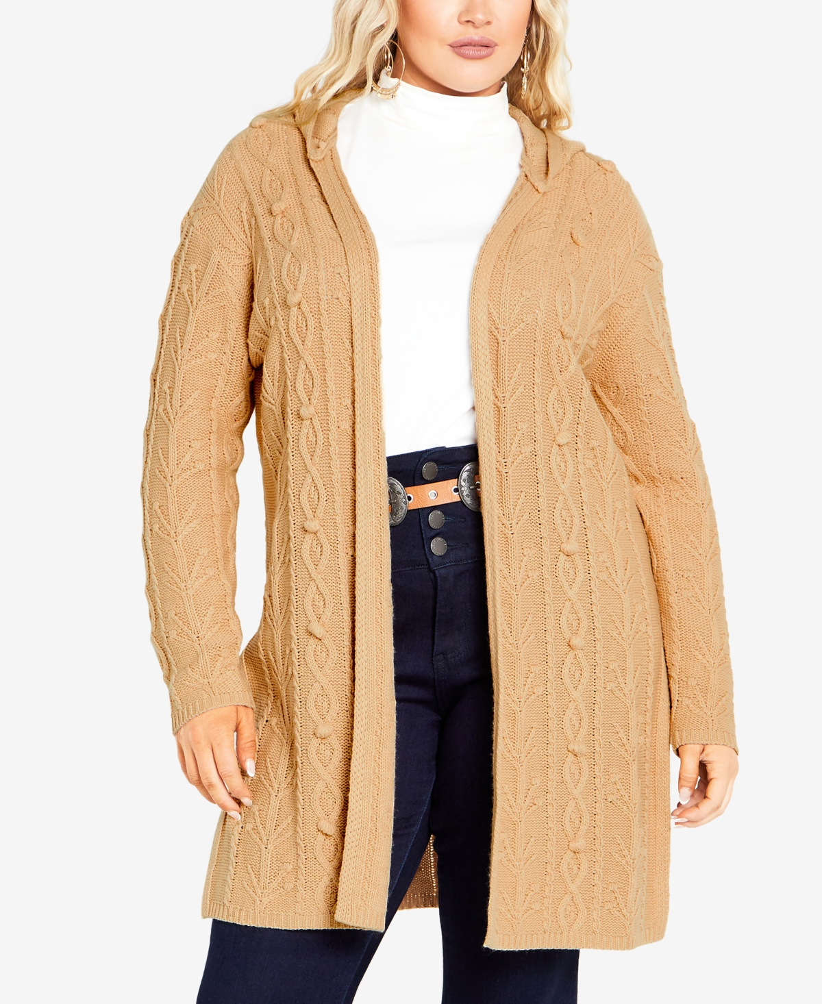 Avenue Plus Size Camilla Cable Long Sleeve Cardigan Sweater In Latte