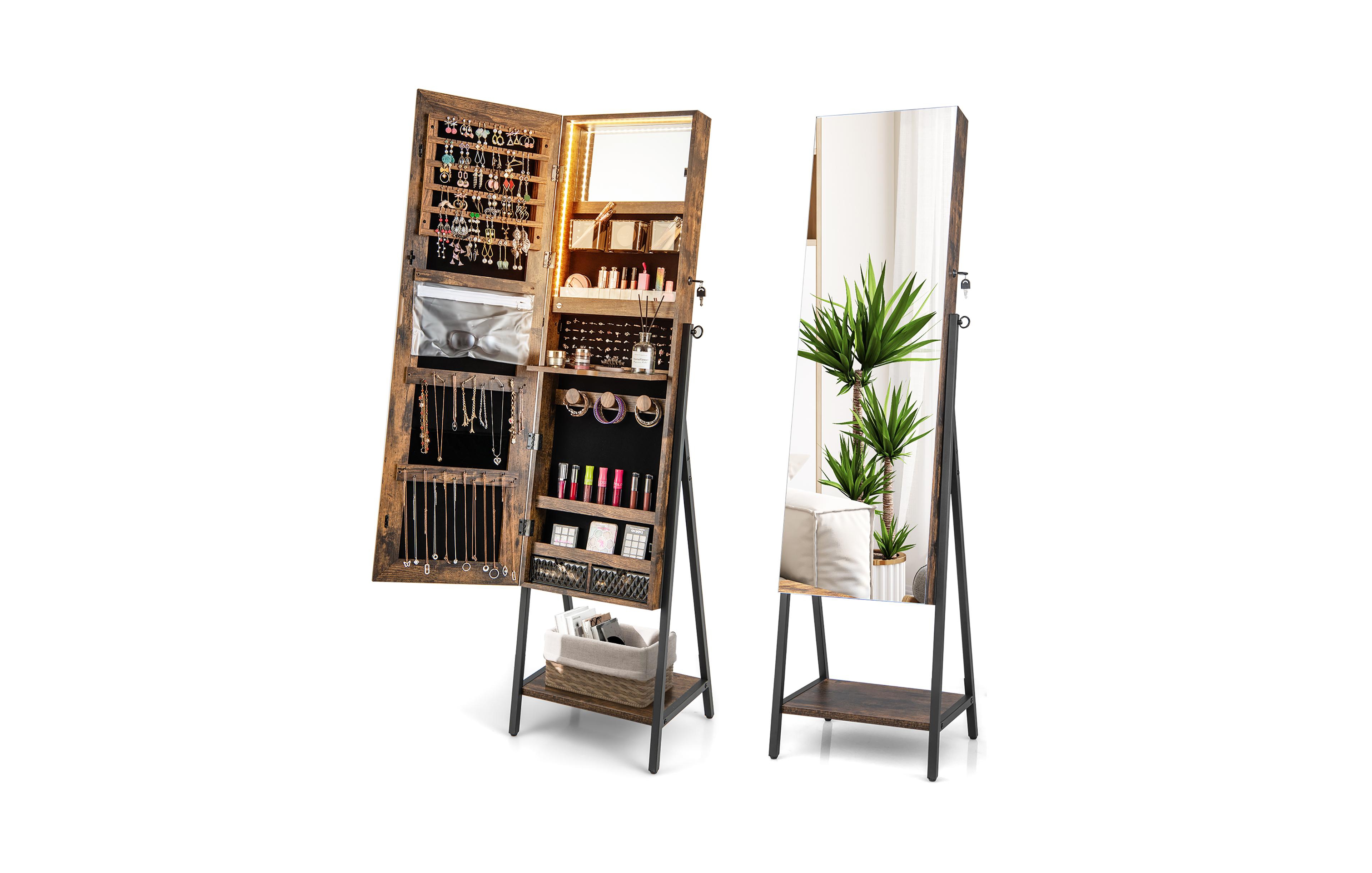 Costway Jewelry Cabinet Armoire 3 Color Led Modes Full-Length Frameless Mirror Lockable