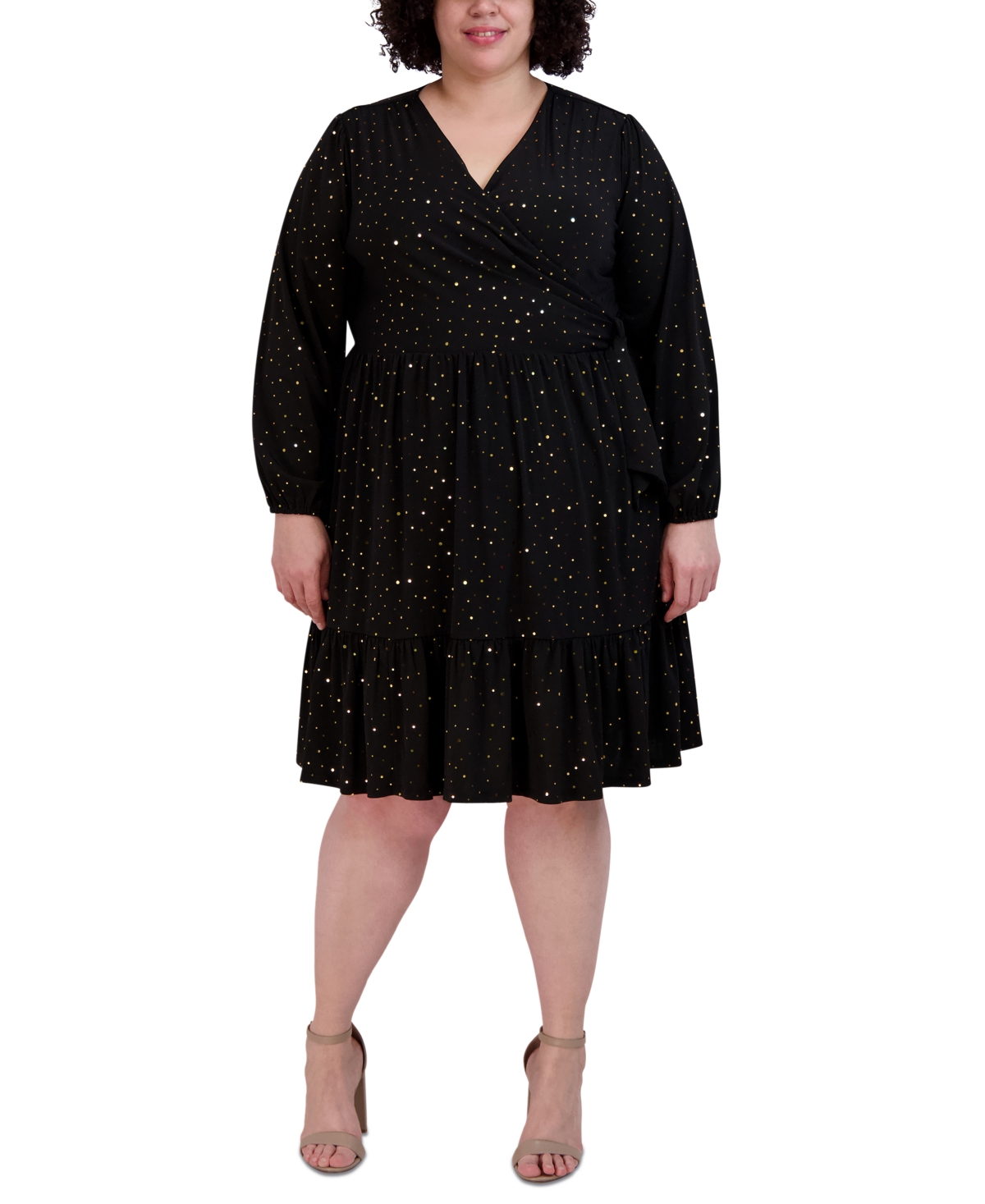 Plus Size Printed Faux-Wrap Long-Sleeve Dress - Black/Gold