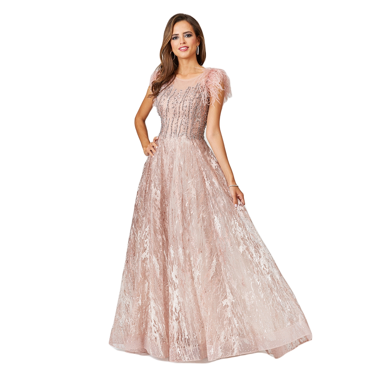 Lara Women's Lace ballgown with Feather Cap Sleeves - Blush