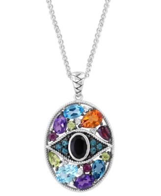 EFFY&reg; Onyx, Multi-Gemstone (4-5/8 ct. t.w.) & Diamond (1/20 ct. t.w.) Evil Eye Cluster 18" Pendant Necklace in Sterling Silver