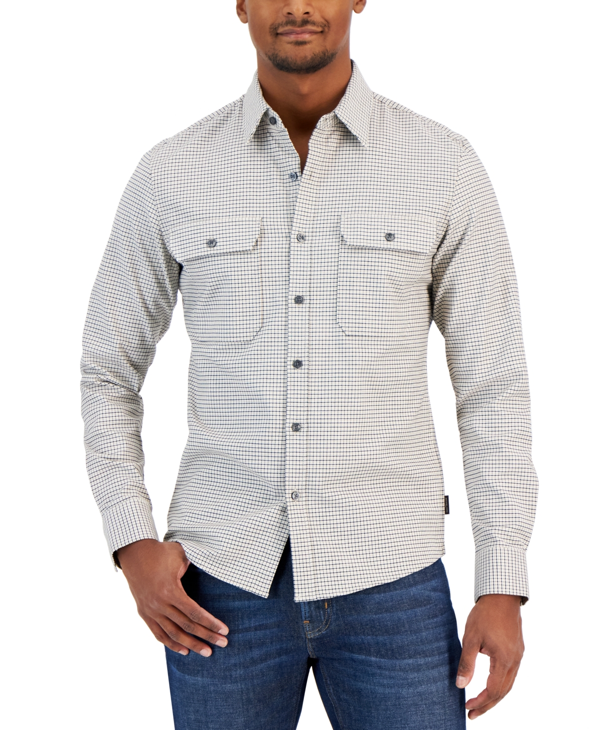 Michael Kors Men's Tattersall Button-front Long Sleeve Shirt In Khaki