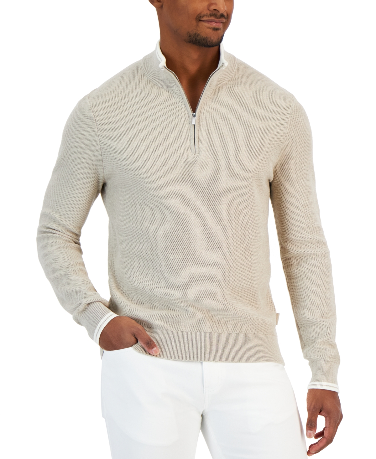 Michael Kors Men's Textured Quarter-zip Sweater, Created For Macy's In Oatmeal Melange