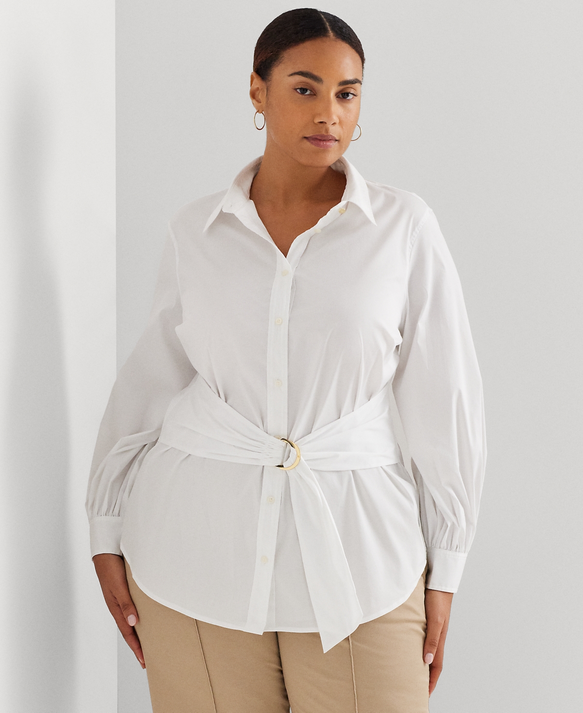 Lauren Ralph Lauren Plus Size Linen Roll-tab Sleeve Top In White