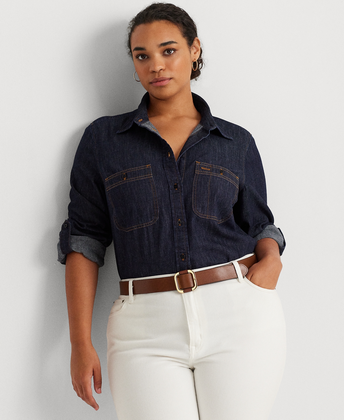 LAUREN RALPH LAUREN PLUS SIZE COTTON DENIM SHIRT