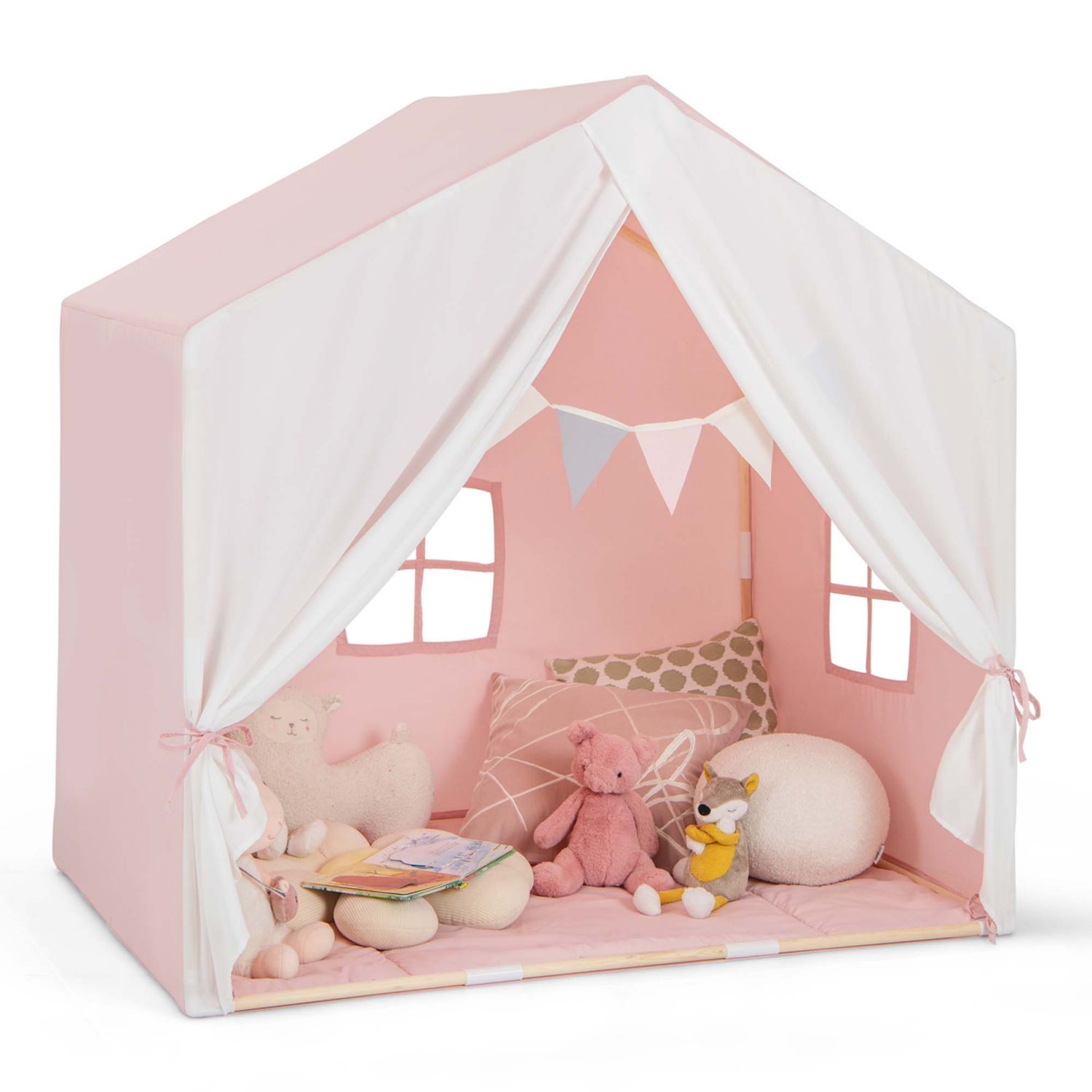 Kids' Castle Play Tent with Solid-Wood Frame and Washable Mat