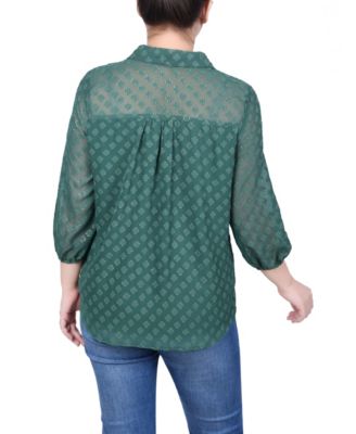 Petite 3/4 Sleeve Foiled Jacquard Chiffon Blouse