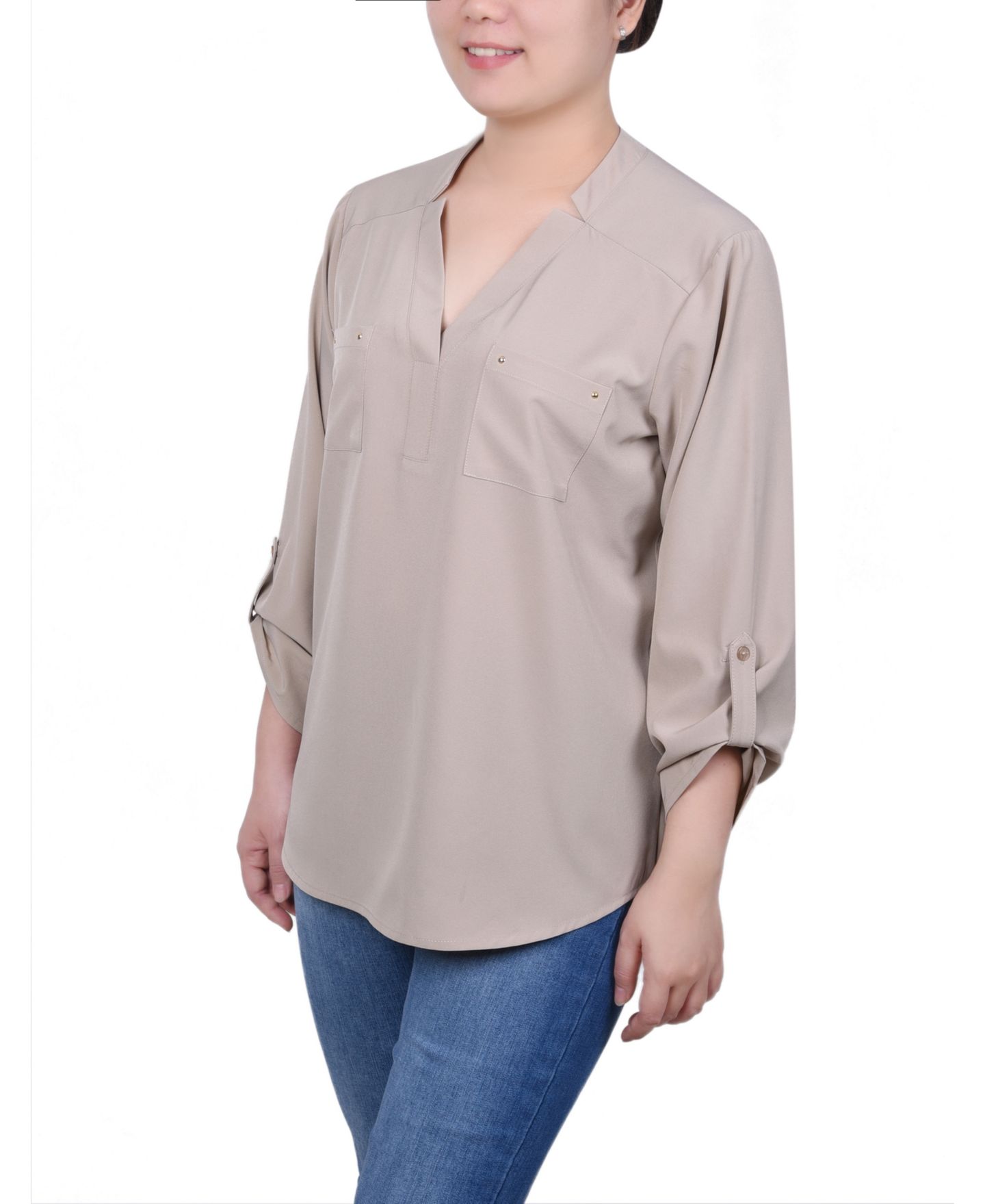 Женская блузка NY Collection Petite Roll Tab Sleeve with Pockets, цвет: Рыжевато-коричневый — фото 3