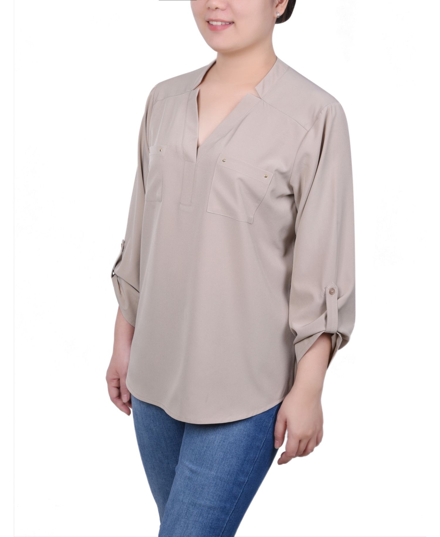 Petite Roll Tab Sleeve Blouse with Pockets
