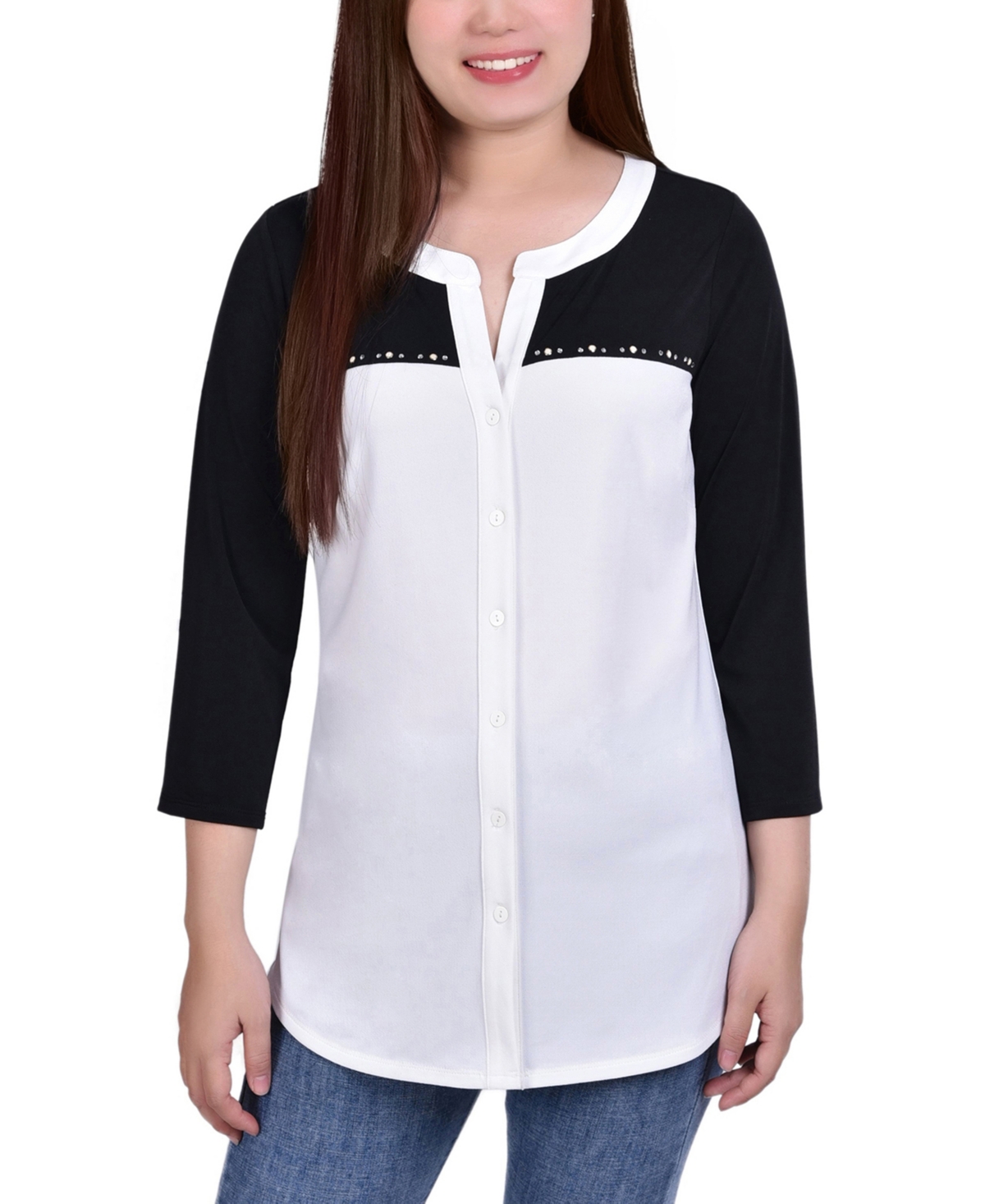 Ny Collection Petite 3/4 Sleeve Studded Colorblocked Split Neck Top - Black