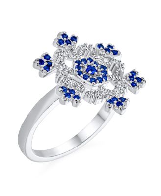 Winter Holiday Christmas Statement 2 Tone Blue Clear Cubic Zirconia Flower Snowflake CZ Ring Cocktail Sterling Silver