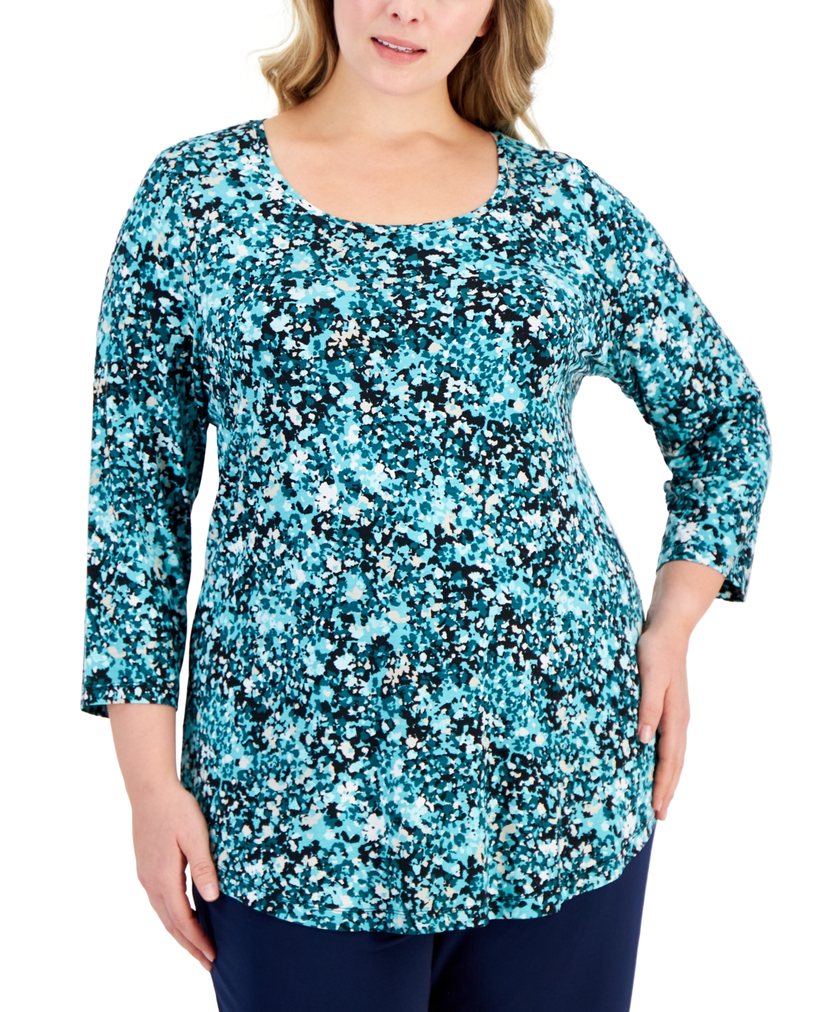 Jm Collection Plus Size Sea Of Petals Scoop-neck Top, Created For Macy's In Teal Evergreen Combo