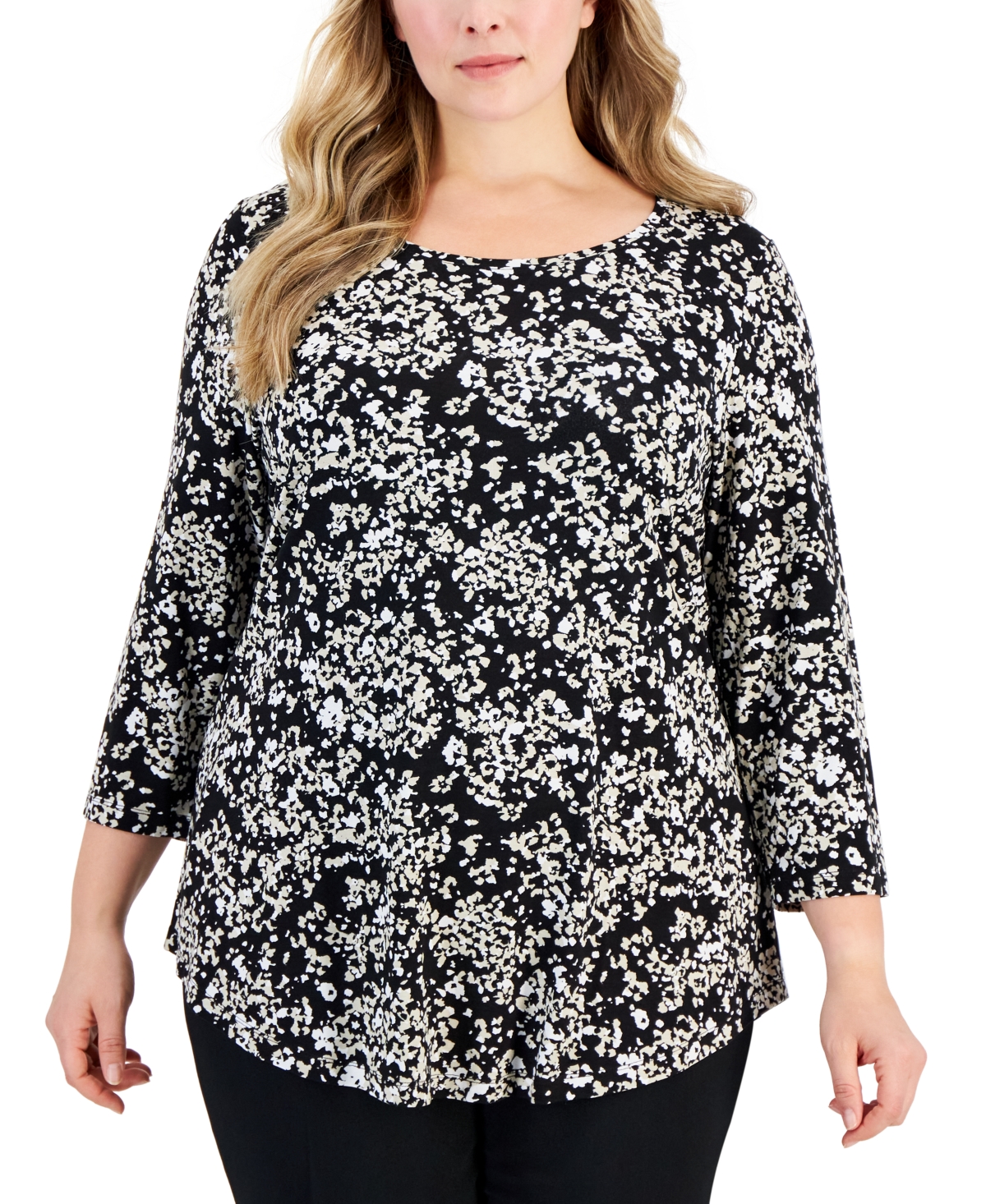 Jm Collection Plus Size Sea Of Petals Scoop-neck Top, Created For Macy's In Deep Black Combo