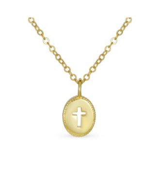 Tiny Petite Religious Mini Medallion Oval Cross Necklace Pendant Gold Plated Sterling Silver Milgrain Edge With Chain