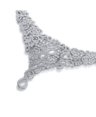 Art Deco-Inspired Swirl Leaf Collar V Statement Necklace With Cleavage Dangling Open Teardrop Micro Pave Cubic Zirconia CZ