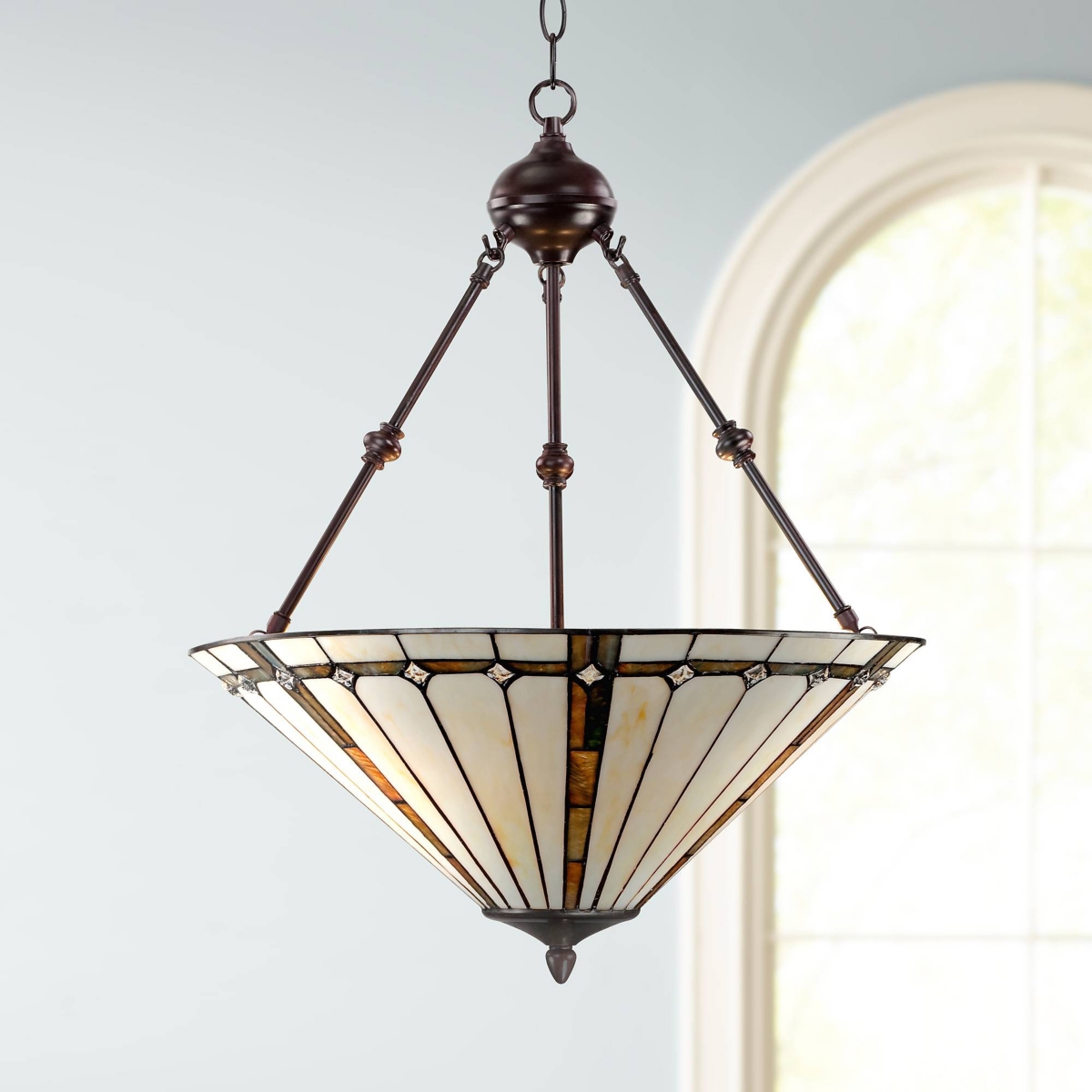 Bronze Tiffany Style Pendant Chandelier Wide Gold Texture Ivory Stained Glass 3-Light Fixture for Dining Room House Foyer Entryway Kitchen Bedroom