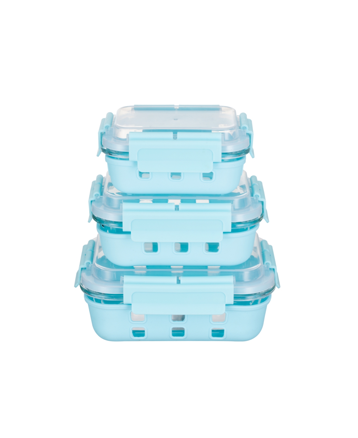 Genicook 3 Pc Rectangular Container Hi-top Lids With Pro Grade Removable Lockdown Levers Silicone Sleeve Set In Aqua Blue