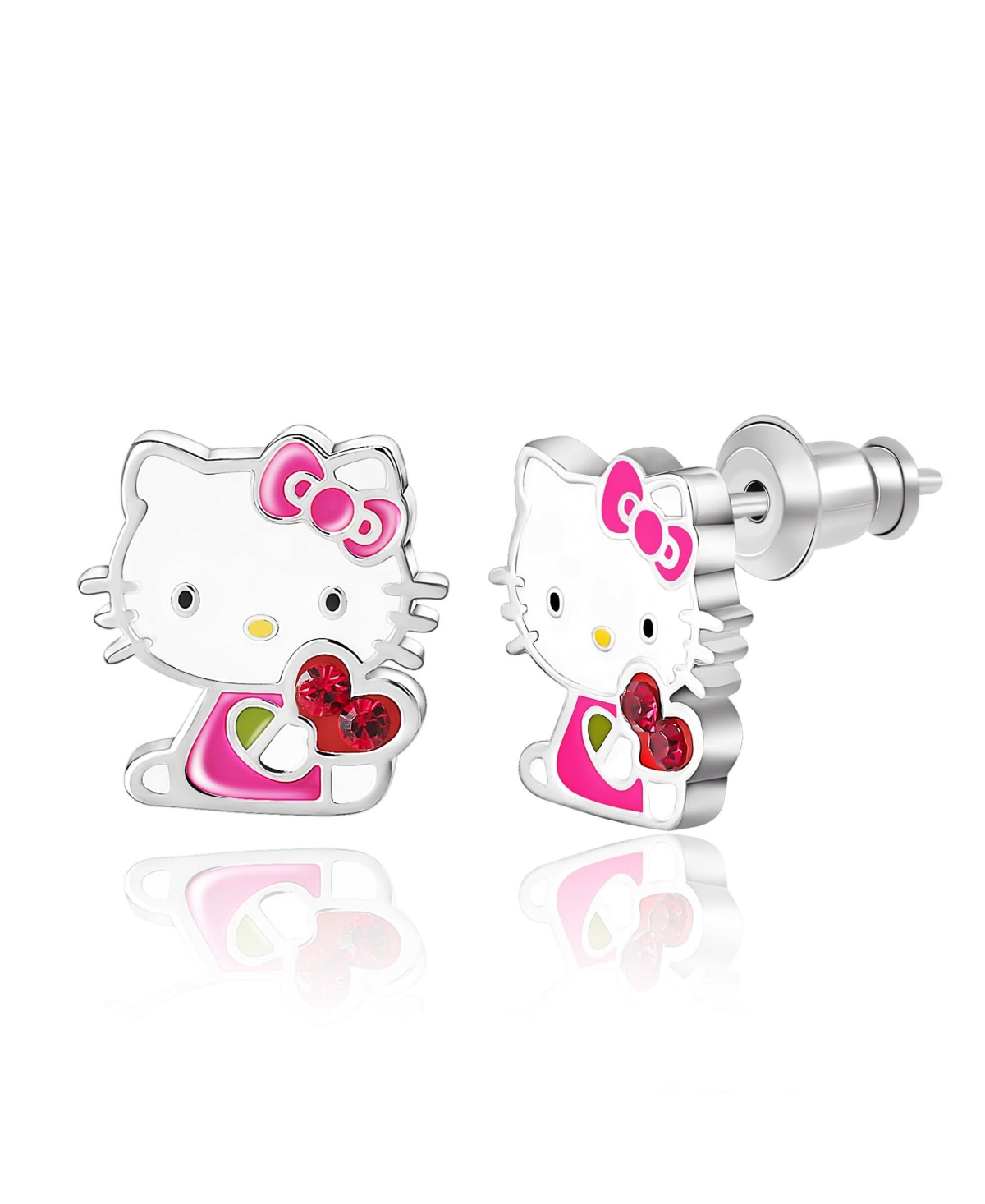 Sanrio Silver Plated Crystal Enamel Heart Stud Earrings, Officially Licensed Authentic - Dark red