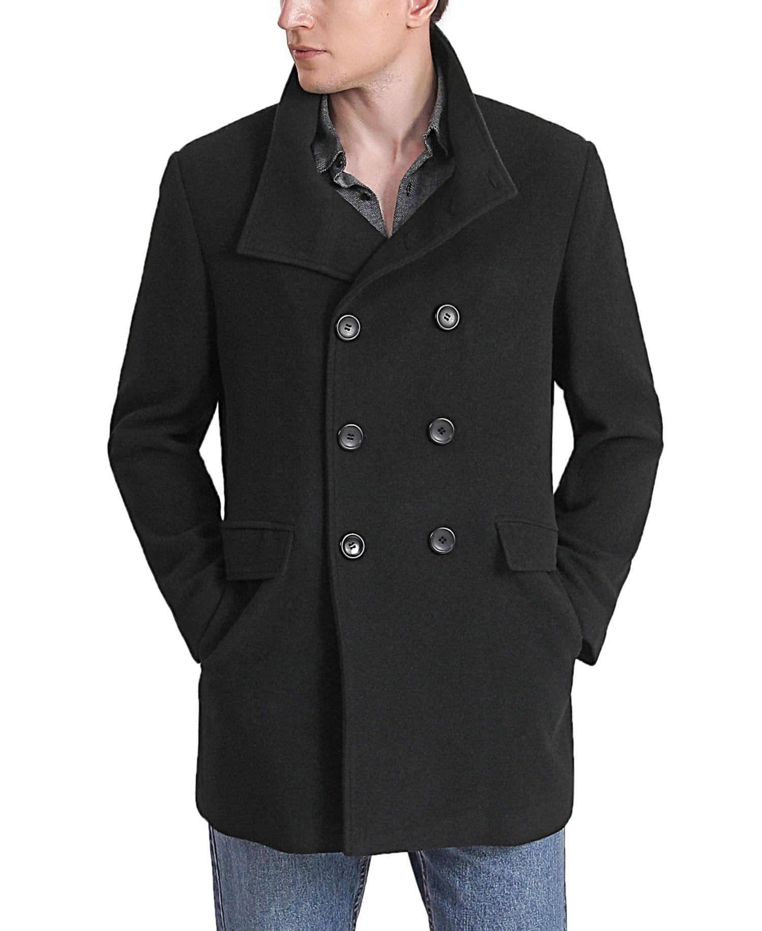Men Wing Collar City Wool Blend Pea Coat