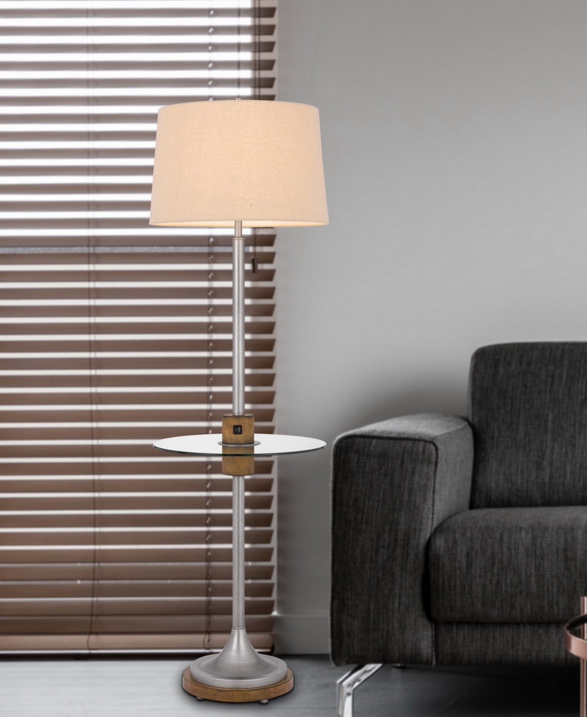 Height Floor Lamp with Glass Tray and Wood Accents - Wood