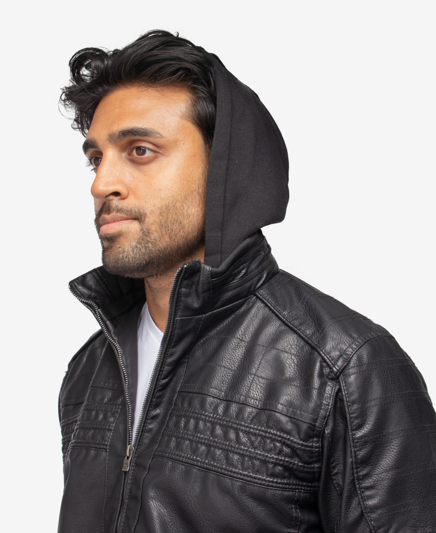 XRAY Men's Grainy PU Leather Hooded Jacket With Faux Shearling Lining