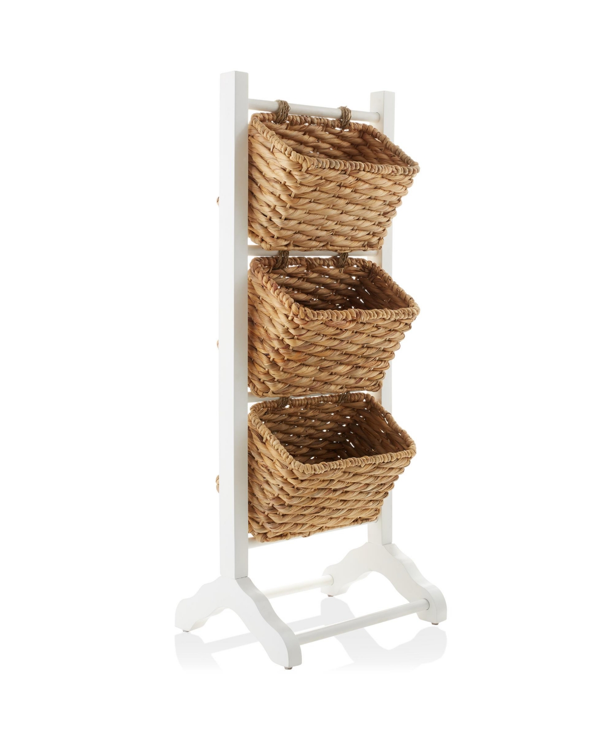 3-Tier Floor Stand Rack with Hanging Storage Baskets, Wood Tower Organizer for Bathroom, Kitchen, Laundry, Living Room - White, natural