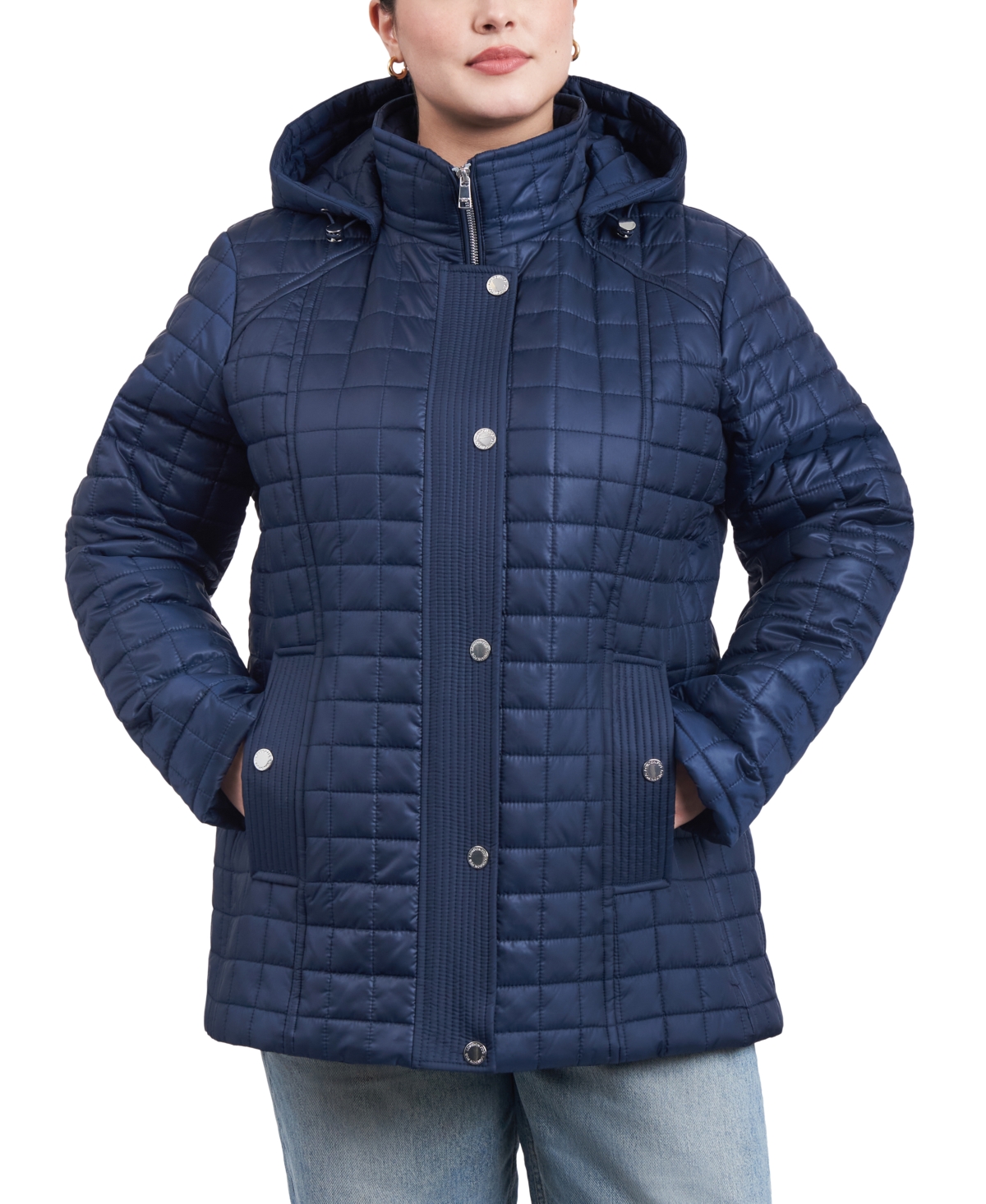 Shop London Fog Women's Plus Size Hooded Quilted Water-resistant Coat In Midnight Navy
