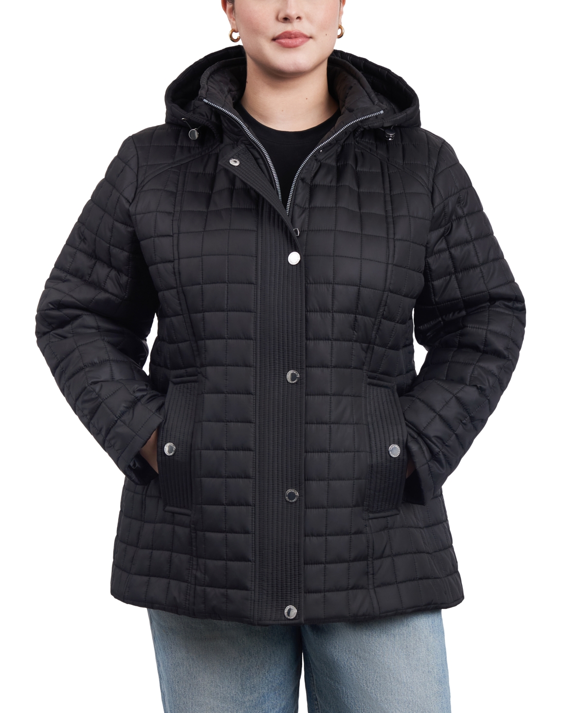 Shop London Fog Women's Plus Size Hooded Quilted Water-resistant Coat In Black
