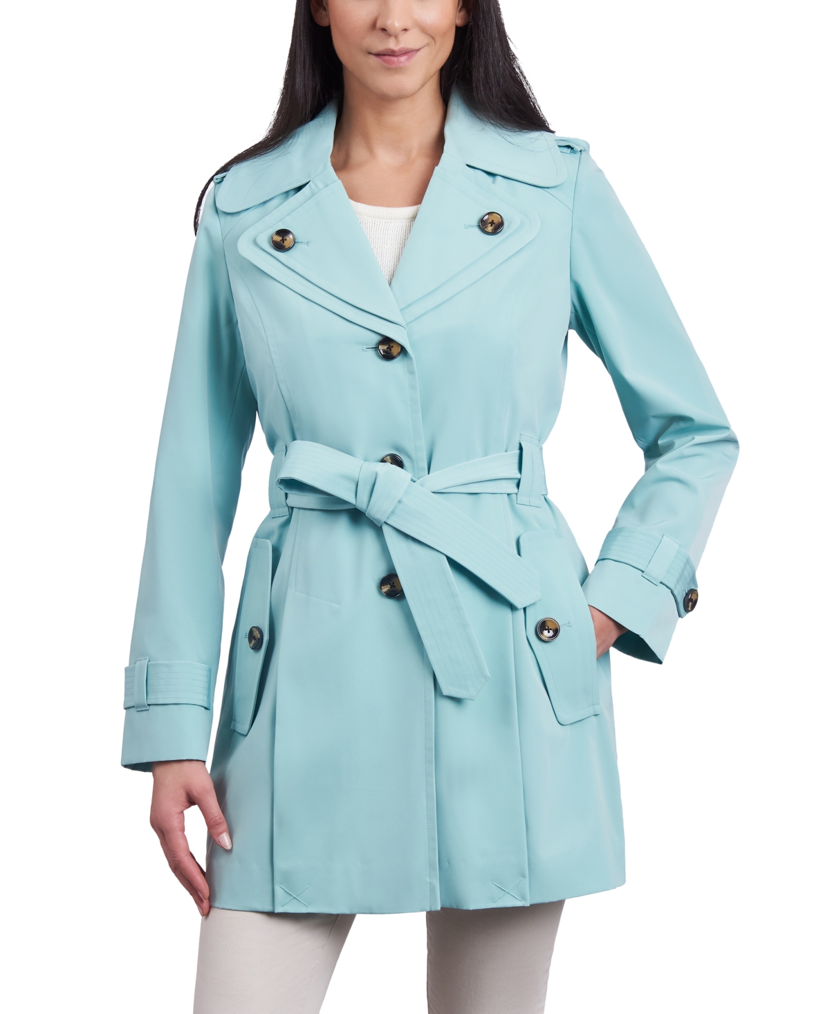 Shop London Fog Women's Petite Single-breasted Belted Trench Coat In Green Tea